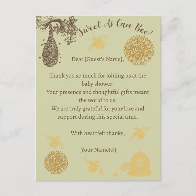 Vintage Honey Bumblebee Sage Baby Shower  Postcard (Front)