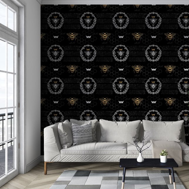 Vintage Honey Queen Bee Black & White Monogram Wallpaper (Vintage Honey Queen Bee Black & White Monogram Wallpaper)