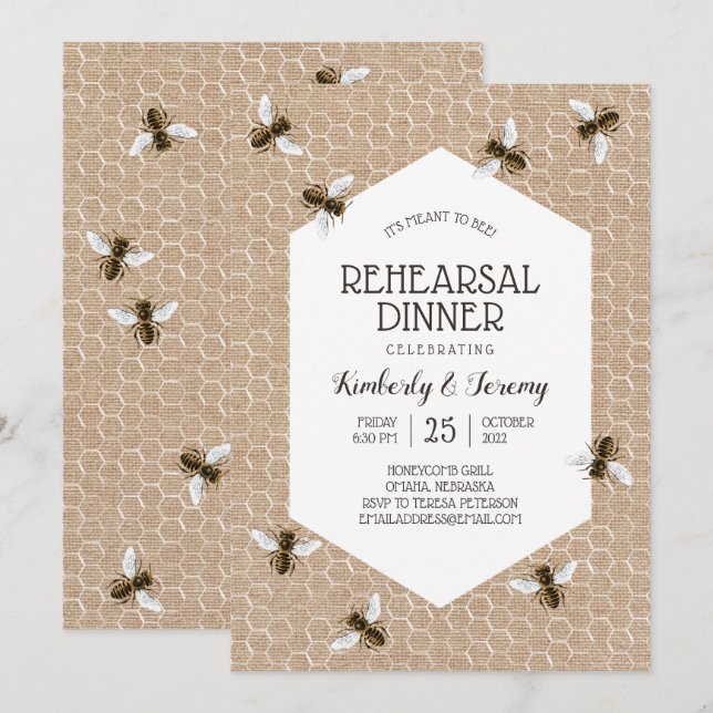 Vintage Honeybee Burlap Rehearsal Dinner Invitation (Front/Back)