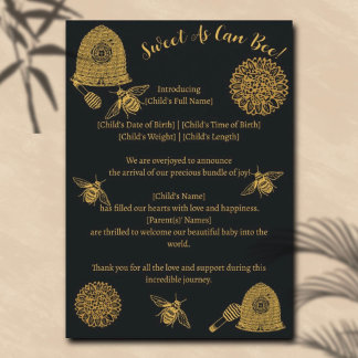 Vintage Honeycomb Bee Black Birth Announcement