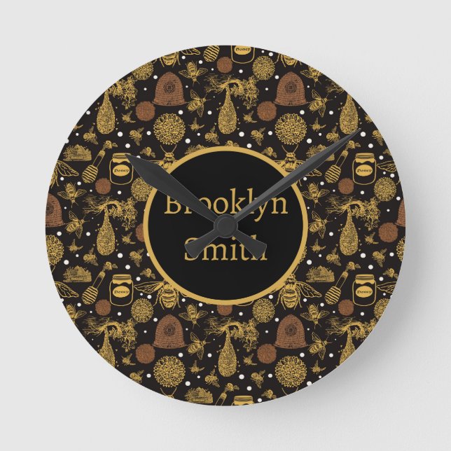 Vintage Honeycomb Bee Black Nursery Round Clock (Front)