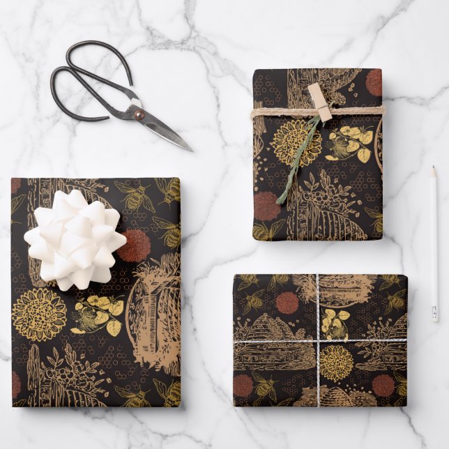 Vintage Honeycomb Bee Black Wrapping Paper Sheet (Front)
