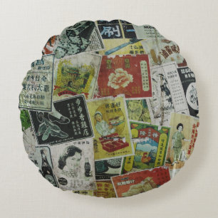 Vintage Hong Kong advertisement wall. Round Cushion