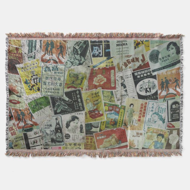 Vintage Hong Kong advertisement wall. Throw Blanket (Front)
