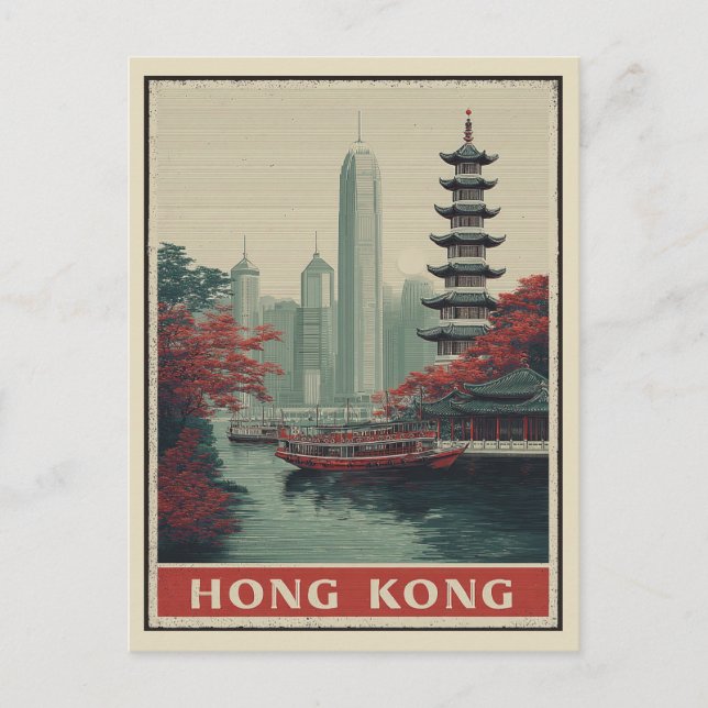 Vintage Hong Kong City Skyline Temple Travel Postcard (Front)