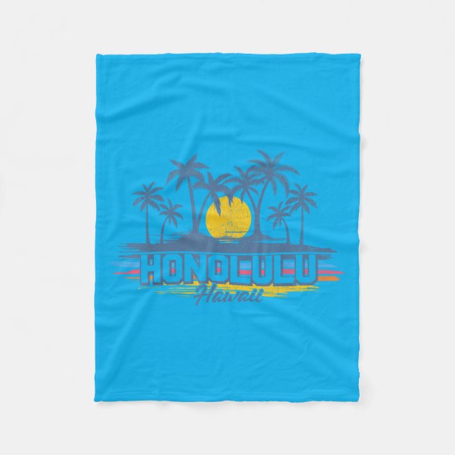 Vintage Honolulu Hawaii Beach Retro Sunset Fleece Blanket (Front)