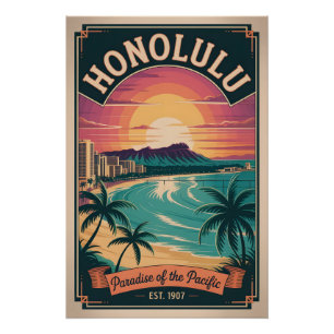 Vintage Honolulu Hawaii Paradise of the Pacific Poster