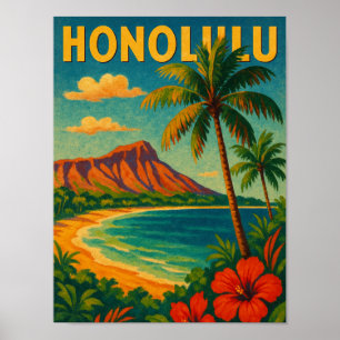 Vintage  Honolulu Oahu Hawaii  Beach Hawaii Travel Poster