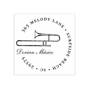 Vintage Horn Trombone Music Return Address  Rubber Stamp