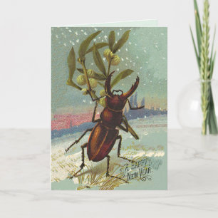 Vintage Horned Beetle & Mistletoe Happy New Year Holiday Card