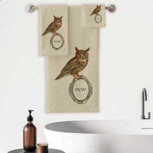 Vintage Horned Owl Monogram Beige Bath Towel Set