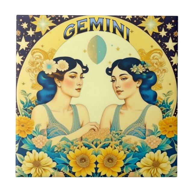 Vintage Horoscope Sign Gemini Twins Celestial Tile (Front)