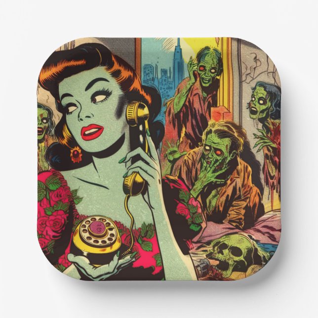 Vintage Horror Zombie Comics Paper Plate (Front)