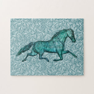 Vintage Horse Art in Aqua Blue Puzzle