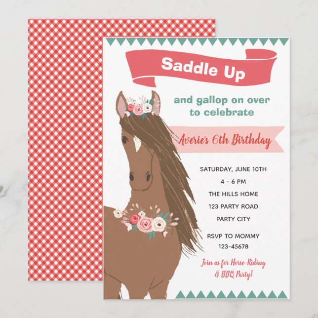 Vintage Horse Birthday Invitation (Floral) (Front/Back)