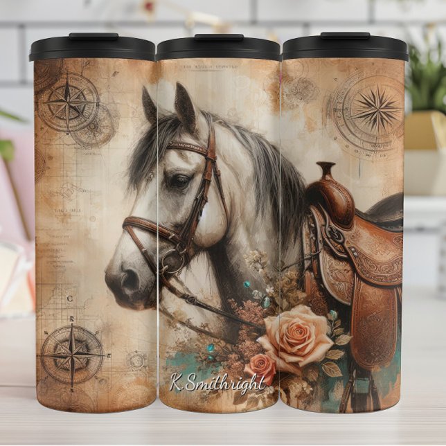 Vintage Horse Compass Map Roses Thermal Tumbler (Creator Uploaded)