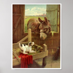 Vintage Horse Dog in Barn on Farm Poster
