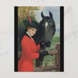 Vintage Horse Girl Red Coat Equestrian Sugar Cube Postcard