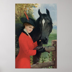 Vintage Horse Girl Red Coat Equestrian Sugar Cube Poster