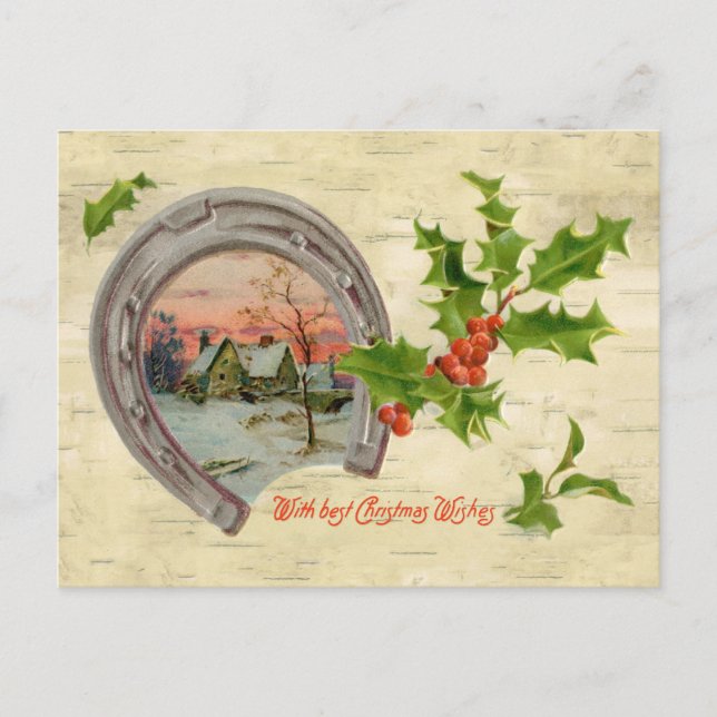 Vintage Horseshoe Holly Christmas Holiday Postcard (Front)