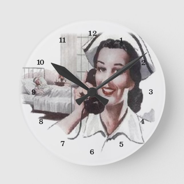 Vintage Hospital Ward Nurse on Telephone Round Clock (Front)