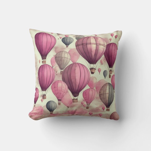 vintage hot air balloon blue pink cushion (Front)