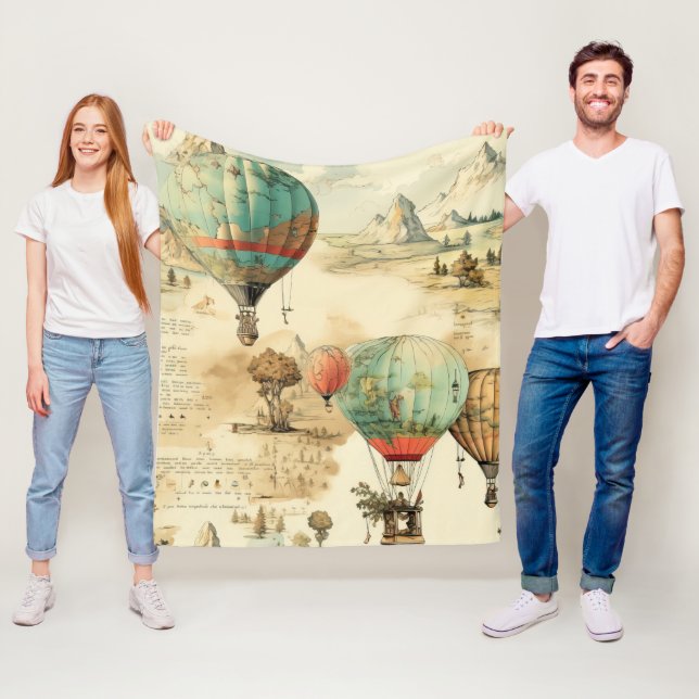 Vintage Hot Air Balloon in a Serene Landscape (10) Fleece Blanket (In Situ)