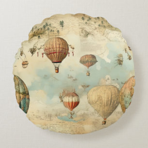Vintage Hot Air Balloon in a Serene Landscape (11) Round Cushion