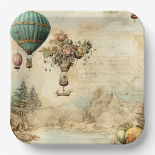 Vintage Hot Air Balloon in a Serene Landscape (1) Paper Plate