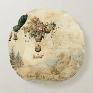 Vintage Hot Air Balloon in a Serene Landscape (1) Round Cushion