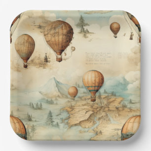 Vintage Hot Air Balloon in a Serene Landscape (2) Paper Plate
