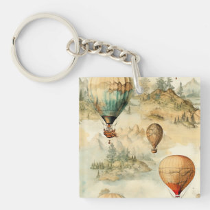 Vintage Hot Air Balloon in a Serene Landscape (4) Key Ring