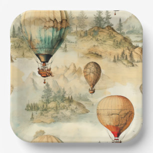 Vintage Hot Air Balloon in a Serene Landscape (4) Paper Plate