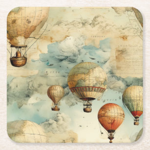 Vintage Hot Air Balloon in a Serene Landscape (6) Square Paper Coaster