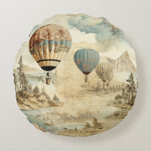 Vintage Hot Air Balloon in a Serene Landscape (7) Round Cushion