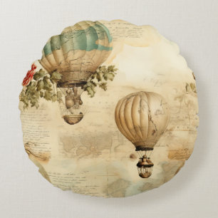 Vintage Hot Air Balloon in a Serene Landscape (9) Round Cushion