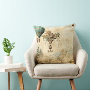Vintage Hot Air Balloon in a Serene Landscape Cushion