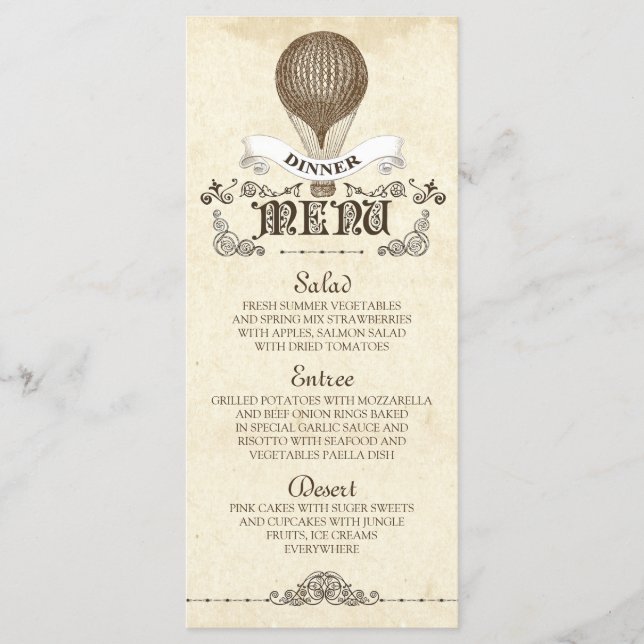 Vintage hot air balloon wedding dinner menu (Front)