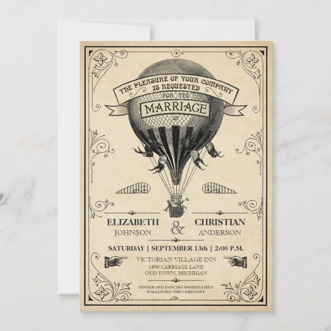 Vintage Hot Air Balloon Wedding Invitation (Front)
