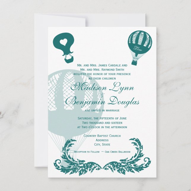 Vintage Hot Air Balloon Wedding Invitations Aqua (Front)