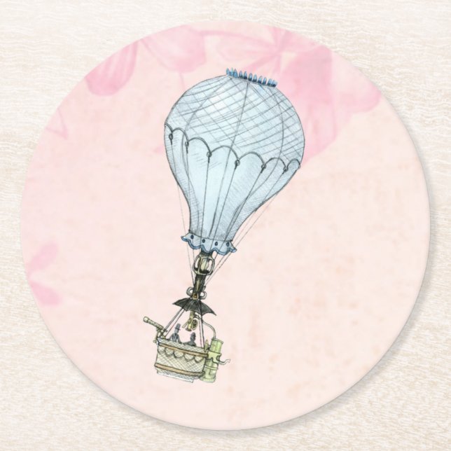 Vintage Hot Air Balloon Wedding Round Paper Coaster (Front)