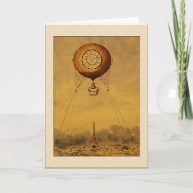 Vintage Hot Air Balloon with Clock Greetings Card (Front)