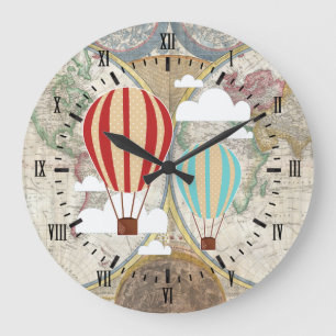 Vintage Hot Air Balloons Antique World Map Large Clock