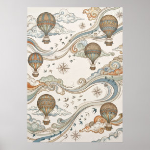 Vintage Hot Air Balloons Compass Travel Art Poster
