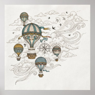 Vintage Hot Air Balloons Compass Travel Art Poster