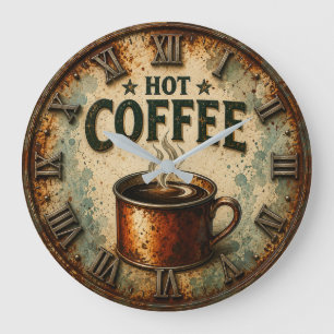 Vintage Hot Coffee Rustic Farmhouse Kitchen Large Clock