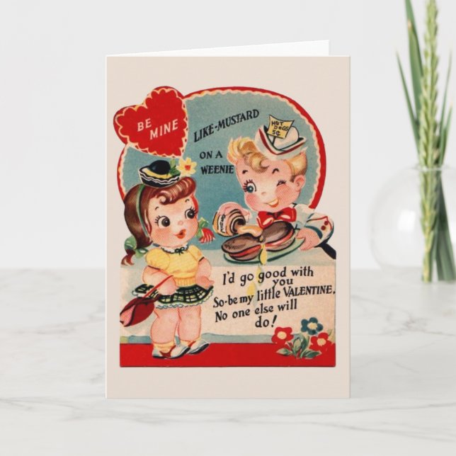 Vintage Hot Dog and Mustard Valentine Holiday Card (Front)
