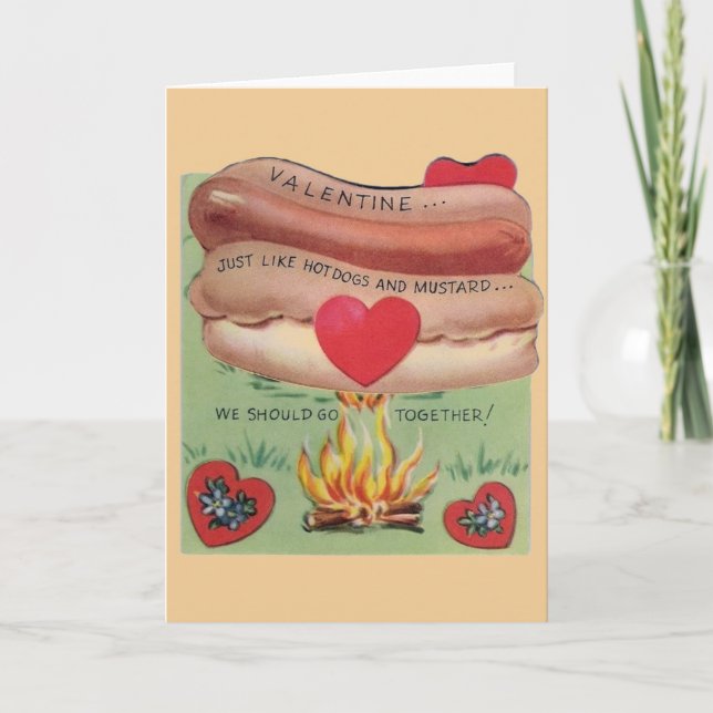 Vintage Hot Dog and Mustard Valentine Holiday Card (Front)