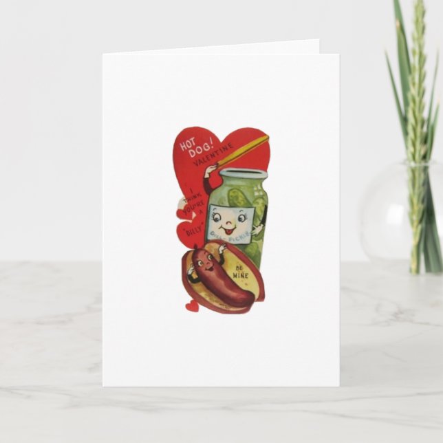 Vintage Hot Dog and Pickle Valentine Holiday Card (Front)
