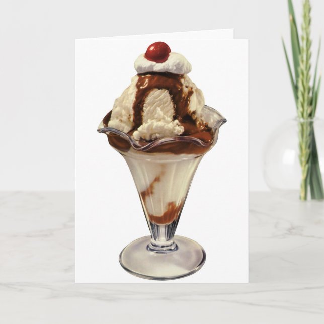 Vintage Hot Fudge Ice Cream Sundae Desserts Card (Front)